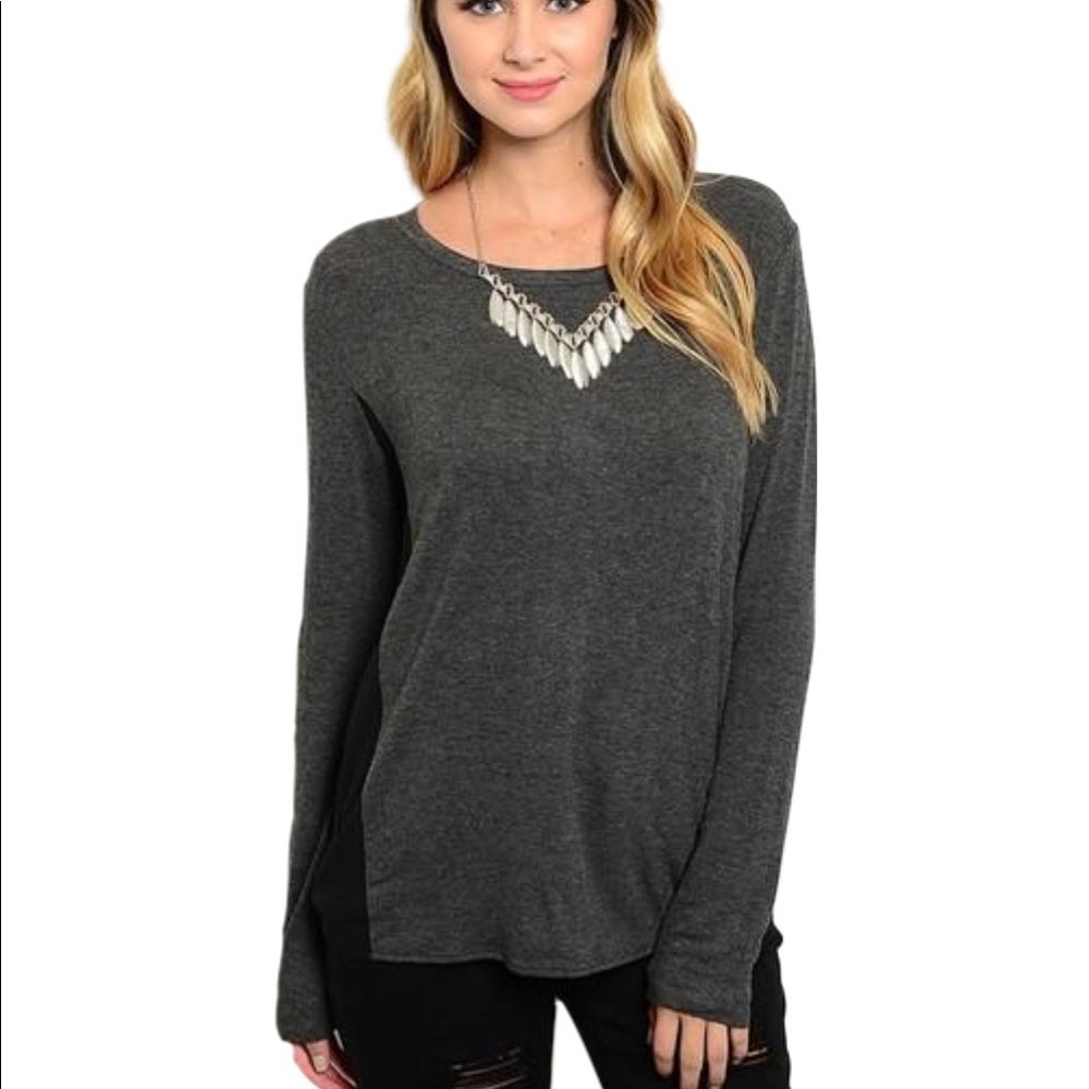 NWOT Charcoal  Grey Long Sleeve Knit Top With Sheer black back